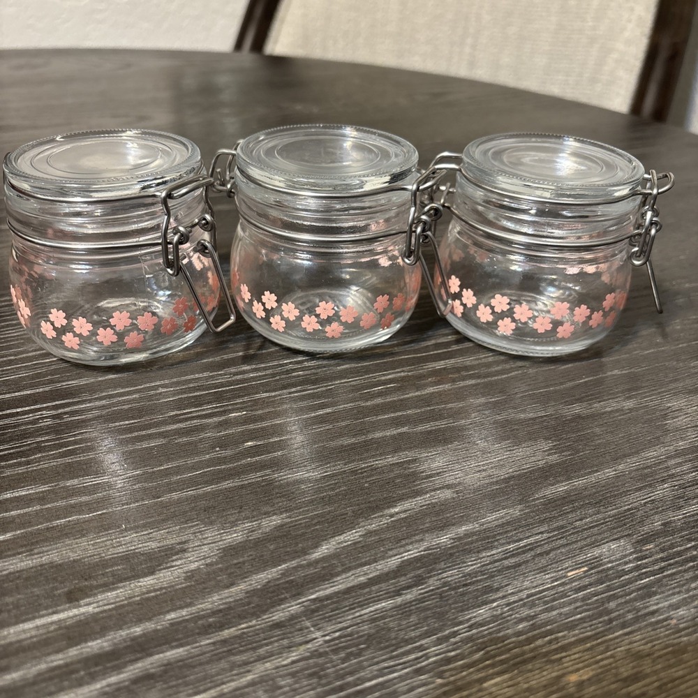 IKEA Pink and Clear Glass Flower Storage Jars Lot Of 3